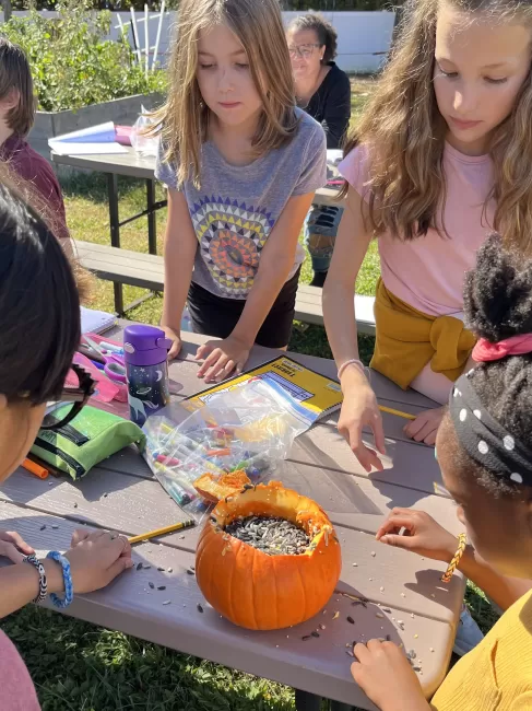 Kids putting seeds inside a pumpkin